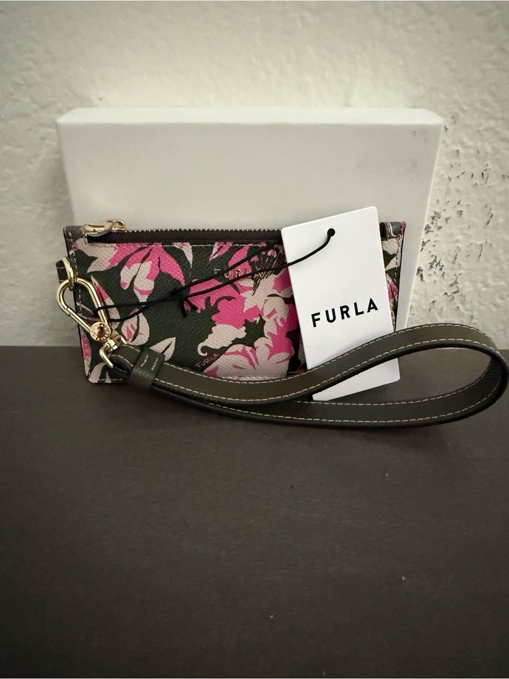 Furla Pink Floral Wristlet on Green Leather with Gold Hardware